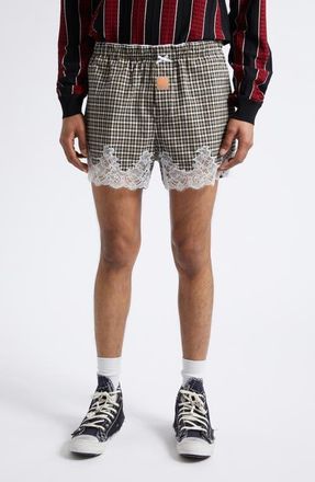 Martine Rose Lace Trim Check Stretch Cotton Boxer Shorts in Black Green at Nordstrom, Size Medium