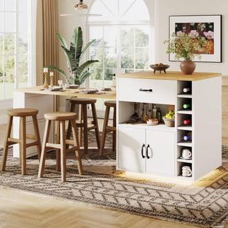 Merax Extendable Kitchen Island Breakfast Dining Table with Wine Rack in White