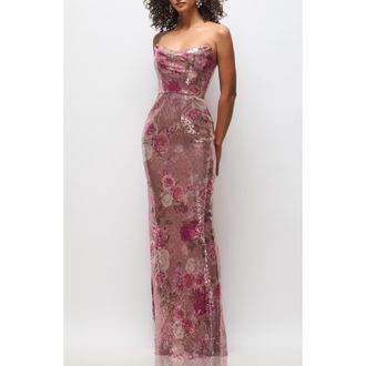 After Six Cassandra Floral Sequin Strapless Column Gown in Rose Bloom at Nordstrom, Size 10