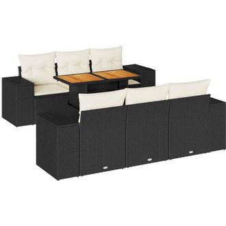 vidaXL Set De Sof&aacute;s De Jard&iacute;n 7 Pzas Con Cojines Rat&aacute;n Sint&eacute;tico Negro Vidaxl