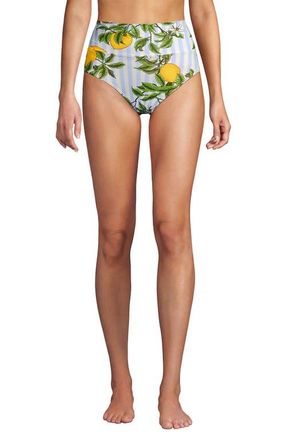 Lands End Chlorine Resistant Pinchless High Waisted Bikini Bottoms in Soft Sky Blue/citrus Stripe at Nordstrom, Size 12
