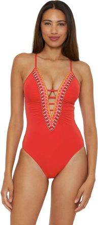 BECCA by Rebecca Virtue Fiesta Swimsuit Womens Fire Stretch Clare Plunge One Piece RED294