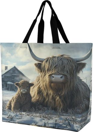 Generic Highland Cows Winter Tote Bag Reusable Grocery Shopping Bags Large Travel One Shoulder Handbag for Picnic Work