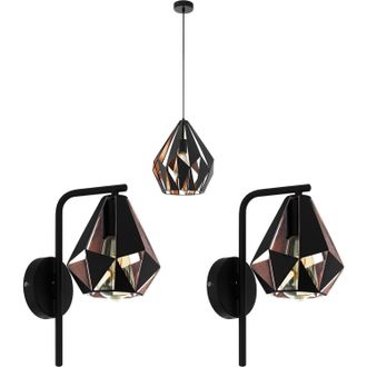 Loops Ceiling Pendant Light & 2x Matching Wall Lights Black & Copper Geometric Shade
