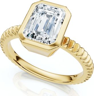 Pompeii3 Certified 2 - 6Ct Solitaire Emerald Diamond Bezel Engagement Ring Gold Lab Grown