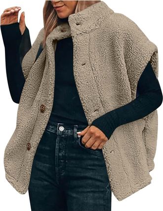 Generic Womens Fuzzy Sherpa Fleece Vest Thickened Plush Gilet Oversized Lightweight Trendy Sleeveless Jacket Vests Warm Button Down Cardigan Stand Collar Gile