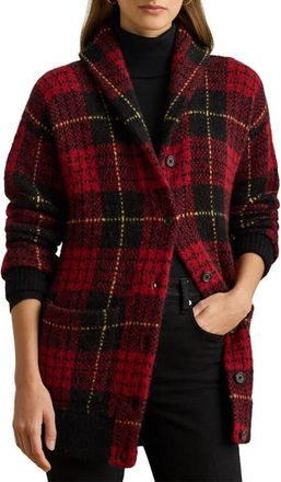 Lauren Ralph Lauren Plaid Shawl Collar Cardigan in Black/Red Multi at Nordstrom, Size Small
