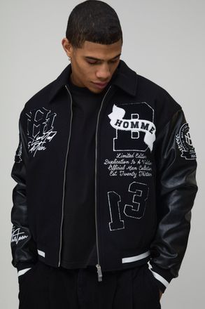 Boohooman Mens Boxy Fit Melton & PU Mixed Fabric Applique Varsity Jacket - Black - Size X-Large