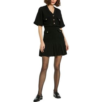 Mac Duggal Short Sleeve Pleated Hem Detail Button Up Sweater Dress in Black at Nordstrom, Size X-Small