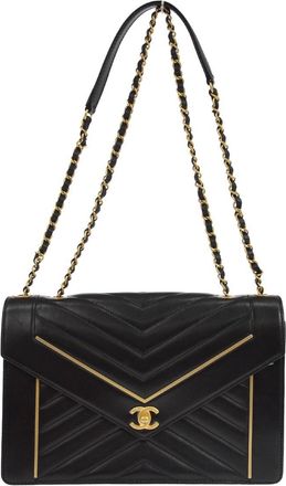 Chanel Reversed Flap Chevron Lambskin Black Leather Handbag (Pre-Owned)