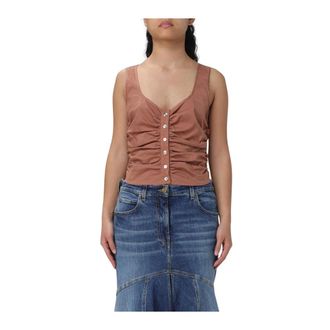 Pinko Pinko, Tops, Dames, Bruin, L, Katoen, Mouwteloze katoenen top met ruches