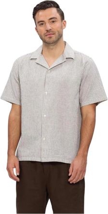 Les Deux Lukas Stripe Katoen Linnen SS Shirt - Heren - Korte mouwen Overhemden - Beige - L - Katoen - Overhemden