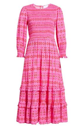 Sugarlips Mirany Ikat Ludlow Smocked Midi Dress in Fuchsia/red at Nordstrom, Size X-Large