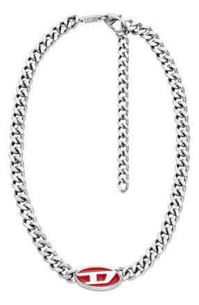 Diesel Oval D Enamel Pendant Chain Necklace in Silver/Red at Nordstrom