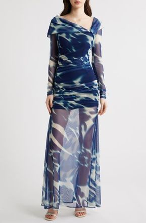 Black Halo Dina Long Sleeve Ruched Mesh Maxi Dress in Floral Wave at Nordstrom, Size X-Large