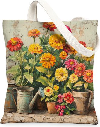 Generic Spring Farmhouse Zinnia Canvas Tote Bag for Shopping 13x15, Rustic Vintage Floral Reusable Grocery Print Pattern Bag for Women, Country Flower Beach A
