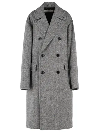 Dries Van Noten Double-Breasted Grey Wool Coat With Multicolored Check Pattern