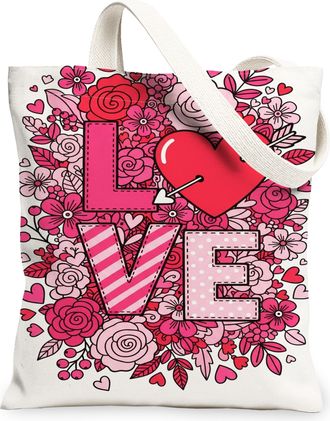 Generic Floral Love Canvas Tote Bags, Heart Pattern Reusable Shopping Bags, Spring Vintage Chic Lightweight Washable Shoulder Strap, White, 13x15 Inch