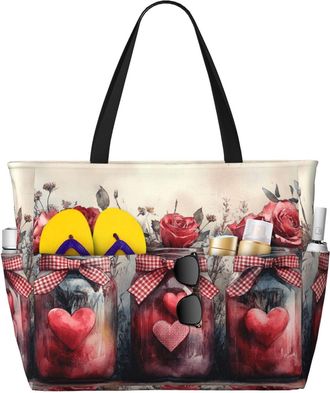 Generic Flowers Hearts Vase Print Large Beach Bag Foldable Travel Shoulder Tote Bag With Pocket For Weekender Pool Vacation