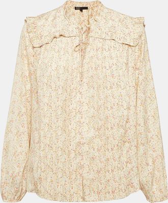 Maje Beige Printed Crepe Plisse Detail Top