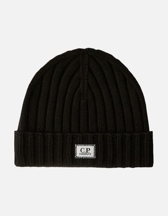 C.P. Company Mens C.P. Company Merino Wool Logo Black Beanie - Size: ONE size