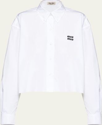 Miu Miu Logo-Print Crop Frayed Button Shirt