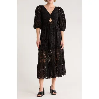 Asos Edition Broderie Anglaise Twist Front Midi Dress in Black at Nordstrom Rack, Size 6 Us / 10 Uk