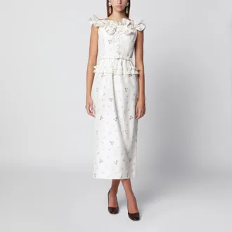 Alessandra Rich Abito midi bianco in seta con motivo floreale