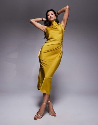 Asos Vestito midi in raso color chartreuse accollato con corpino a pieghe-Verde