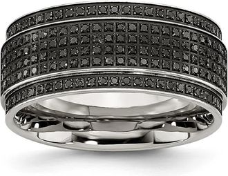 Diamond2Deal Stainless Steel Polished 1/2 Ct Black Diamond 10mm Ridged Edge Band Ring