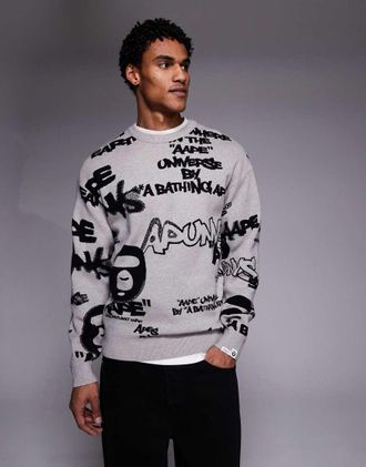 Aape By A Bathing Ape Aape by A Bathing Ape - Maglione lavorato grigio con stampa graffiti-Multicolore