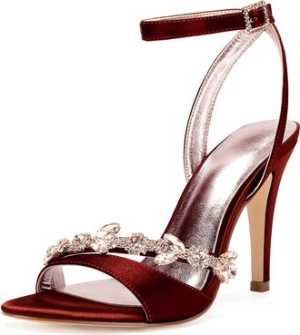 Generic Wedding Bridal Shoes Womens Heels Ankle Strap High Heels Prom Party Dress Heeled Open Toe Bridal Stiletto Sandals 10.5Cm,Burgundy,4 UK
