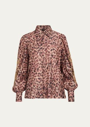 Kobi Halperin Lizzie Beaded Animal-Print Blouse