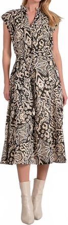 Elan Neutral Midi Dress In Black Acorn Print