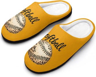 Generic Softball with Leopard Pattern Mens Soft Cotton Slippers with Memory Foam Anti-skid House Shoes for Travel Indoor Outdoor