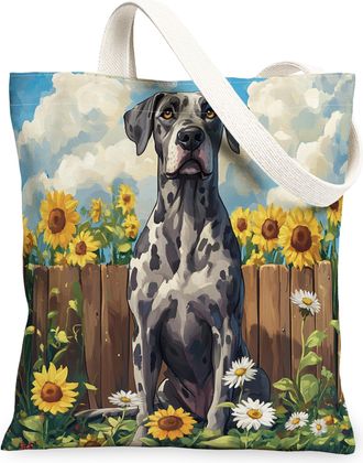 Generic Spring Great Dane Dog Canvas Tote Bag for Shopping 13x15, Sunflower Fence Puppy Reusable Grocery Print Bag for Women, Farmhouse Pet Beach Aesthetic Pa