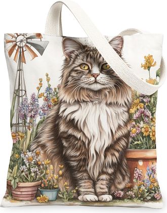 Generic Spring Maine Coons Cat Canvas Tote Bag for Shopping 13x15, Farmhouse Country Kitten Reusable Grocery Print Bag for Women, Farm Pet Beach Aesthetic Pai