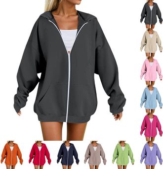 Generic Hoodies for Women UK Oversized Zip Up Hoodie Women Casual Solid Color Sweatshirts with Pockets Loose Long Sleeve Comfy Pullover Fall Winter Womens Jac