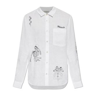 AllSaints Terror Long Sleeve Linen Shirt - Heren - Casual Overhemden - Wit - M - Linnen - Overhemden