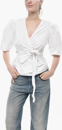 Ganni Poplin Wrap Blouse with Puff Sleeves size 42