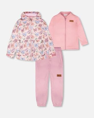 Deux par Deux 3-in-1 Two-Piece Mid-Season Outerwear with Solid Pants Set in Pink With Printed Butterflies at Nordstrom, Size 18M