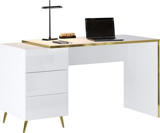 Vente-Unique Escritorio con cajones - Blanco brillante y dorado - MARZIALO