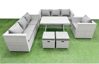 Fimous Outdoor Rattan Garden Furniture Dining Set 9-seater Patio Rectangular Table 3 Seater Sofa Armchair Set with 2 Small Stools - Fimous