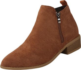 Generic Brown Women Suede Side Zipper Block Heel Short Boots for Fall and Winter Outdoor Comfort Shoes with Low Heel and Sturdy Construction