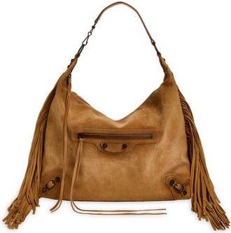 Balenciaga Medium Le City Fringe Waxed Suede Hobo Bag in 2533 Camel at Nordstrom