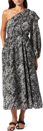 Joie June Ikat Print One-Shoulder Silk Dress in Porcelain And Caviar at Nordstrom, Size 4
