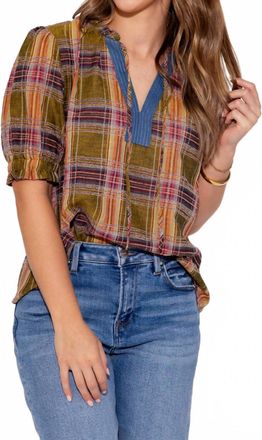 THML Clothing Color Pop Plaid Puff Sleeve Top In Olive