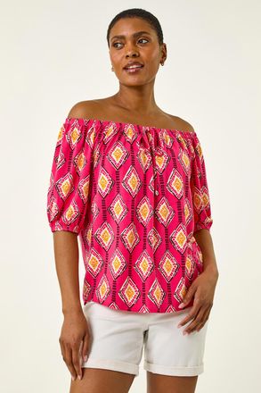 Roman Printed Bardot Tie Front Stretch Top