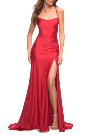 La Femme Long Jersey Ruched Gown with Dramatic Skirt in Red at Nordstrom, Size 00
