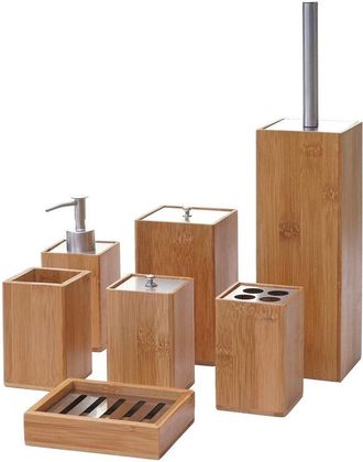 Hhg Hhg - Nunca Usado] Set De Ba&ntilde;o De 7 Piezas 786, Set De Wc Accesorios De Ba&ntilde;o Dosificador De Jab&oacute;n Portacepillos De Dientes Jabonera, Bamb&uacute;